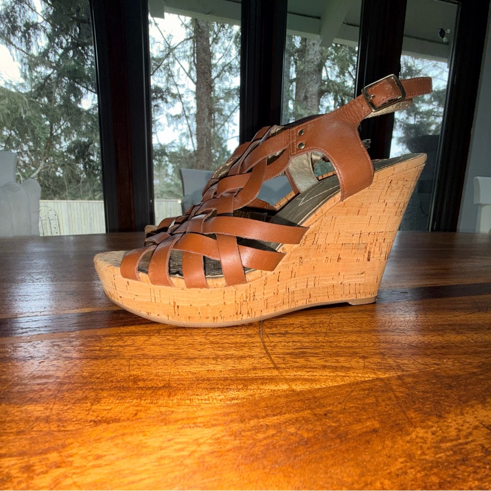 Guess Brown Braided Leather Cork Wedge Sandals